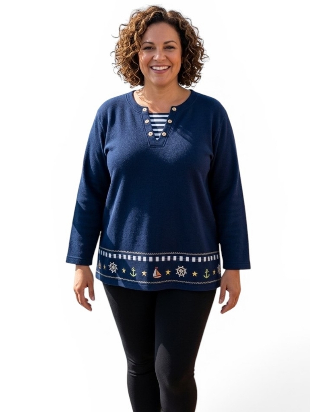Koret Nautical Navy Blue Embroidered Top 2X Sailboat Anchor Henley Knit
